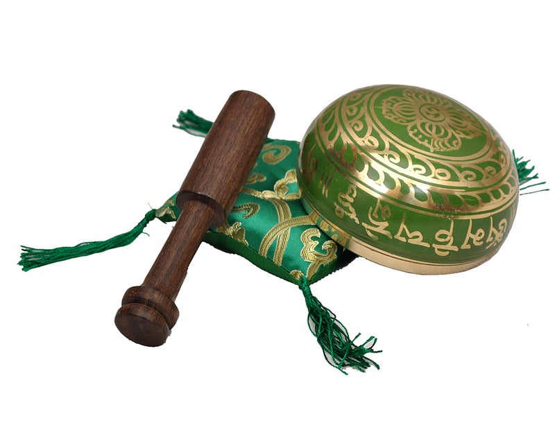 Dharma Store Tibetan Singing Bowl Set By Dharma Store - With Traditional Design Tibetan Buddhist Prayer Flag - Handmade in Nepal (Green) - Image 4